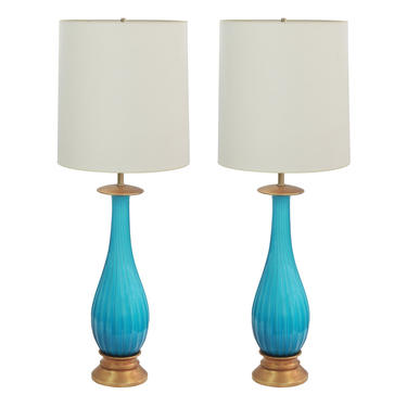 Seguso Pair of Exceptional Handblown Table Lamps in Deep Aqua Glass 1950s - SOLD