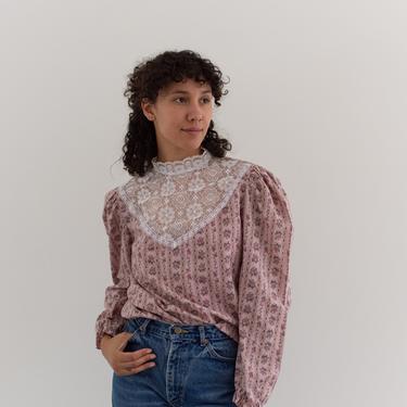 Vintage Pink Floral Pattern Lace High neck Shirt | 70s 80s does Victorian Folk Blouse | Cotton Puff Sleeve Top | Romantic | S | 