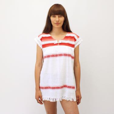 Yucatan Knit Blouse // vintage 70s 1970s white red dress top shirt boho hippie Mexican tunic cotton hippy 80s  // S/M 