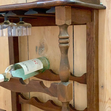 Wooden Wine Bar | Vintage Wine Rack | Floor Cabinet | Wooden Bar | Free Standing Wire Storage | Hanging Stemware Holder | Bar Organization 