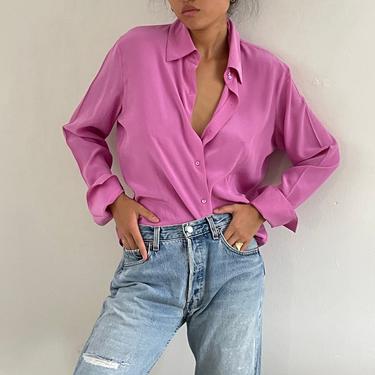 90s silk blouse / vintage violet orchid pink pink silk oversized French cuff blouse | L 