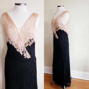 1930s Sleeveless Evening Dress Black Taupe Lace / 30s Bias Cut Ankle Length Party Dress Art Deco Old Hollywood Glam M / Claudette 