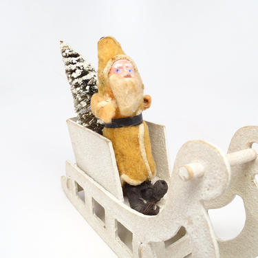 Antique 1940's Santa in Sleigh with Christmas Tree, Hand Painted Clay Face Santa, Vintage Retro Decor 