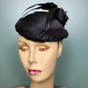 vintage hat, black satin, hat with feathers, formal hat, fascinator, flapper style, vintage millinery, headpiece, avant garde, evening hat 