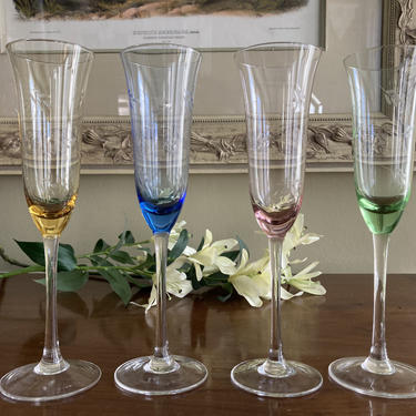 Etched Colored Crystal Champagne Flutes Set of Four 
