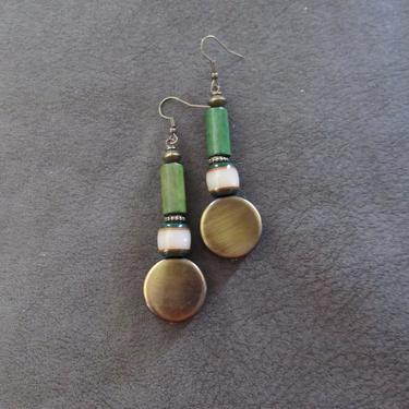 Mid century modern brass earrings, Brutalist bold statement earrings, artisan boho earrings, bohemian earrings, green geometric earring 