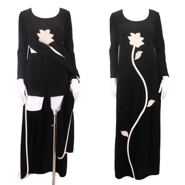 60s Appliqué hot pants &amp; dress set / vintage 1960s black poly jersey flower vine maxi with shorts outfit 