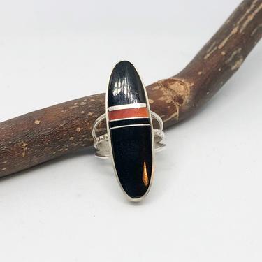 DARK LONGBOARD Harold Smith H Inlay Ring | Statement Ring | Native American Navajo Southwestern | Silver, Onyx, Spiny Oyster 