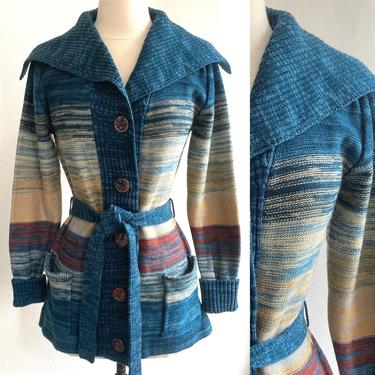 Vintage 70's Boho SPACE DYE CARDIGAN / Great Colors / Shawl Collar + Big Buttons + Pockets + Tie 