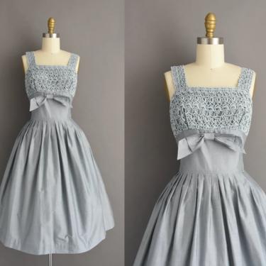 1950s vintage dress | Gorgeous Polished Cotton Blue Summer Full Skirt Dress | Small | 50s dress 