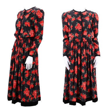 70s YSL Yves Saint Laurent rose print peasant dress 8 / vintage 1970s wool challis velvet trim puff shoulder 80s dress 38 8 