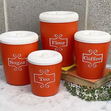 Vintage Canister Set Retro 1960s Mid Century Modern + Orange and White + Plastic + Four Containers with Lids + MCM Kitchen Decor + Storage 