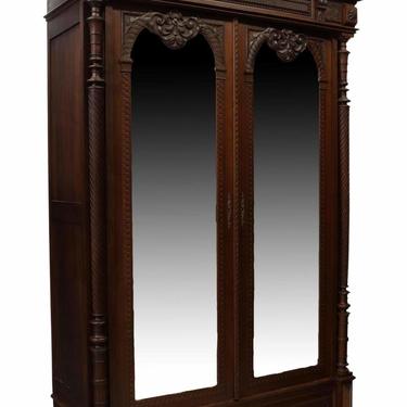 Antique Armoire, French Walnut Mirrored Double Door Armoire, 19th C., 1800s