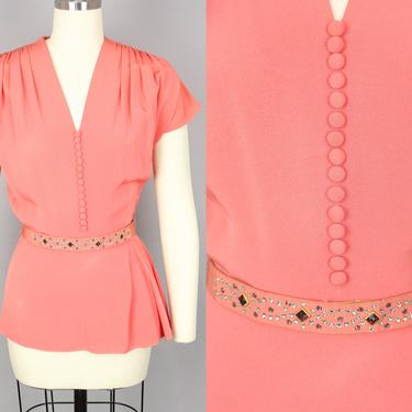 1940s Coral Peplum Top with Belt · Vintage 40s Rayon Blouse with Side Zip · Small 