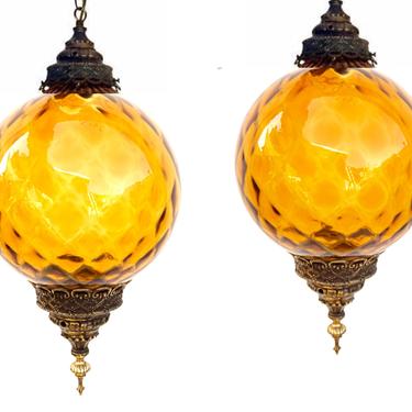 Pair of Large Mid-Century Regency Optic Amber Glass Swag Lamp Globes || EF &amp; EF Industries Retro Bohemian Hanging Statement Lighting Shades 