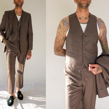Vintage 70s Ernesto Bellini Chocolate Brown Pinstripe Three Piece Wool Suit | Made in Italy | 100% Wool | 1970s Designer Tailored Mens Suit 