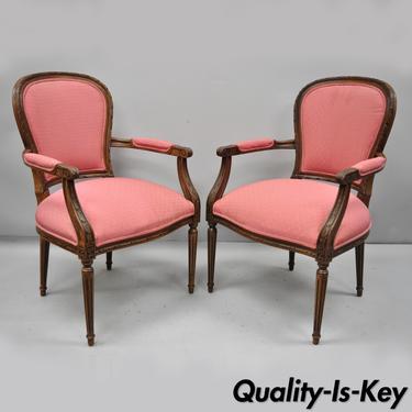 Pair of Ethan Allen Louis XVI French Style Pink Armchairs Fauteuil Chair