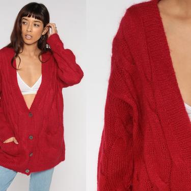 Red Cable Knit Cardigan 80s 90s Mohair Sweater Button Up Grandpa Vintage Bohemian Oversized Cableknit Cozy Winter Sweater Oversize Medium M 