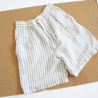 Vintage Linen Shorts 26 Small - 90s High Waist Linen Long Shorts - Beige White Striped Shorts - 90s Minimalist Clothing - Natural Fiber 