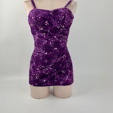 1950'S Pin-Up Bathing Suit - Purple Floral - CATALINA MASTERPIECE - Lined Shelf Bra - Size Medium 