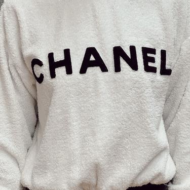 Vintage 90's CHANEL LETTER Logo Monogram TERRY Cloth Sweater Blouse Top White / Black - Iconic! Rare! 