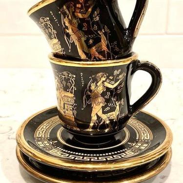One Pair of Vintage Stakias Designs 24 K Gold Hand Painted Cups and Saucers Hand Made In Greece, Antique Pottery Handmade Black and Gold by LeChalet