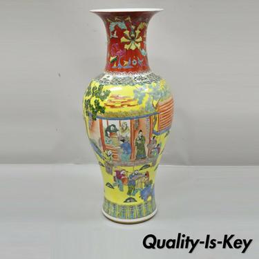 Vintage 36" Chinese Famille Rose Yellow Porcelain Urn Vase Temple Vessel Jar