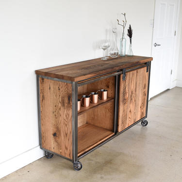 Industrial Rolling Bar Credenza / Reclaimed Wood Buffet 