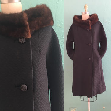 vintage 60's black coat with mink fur collar 