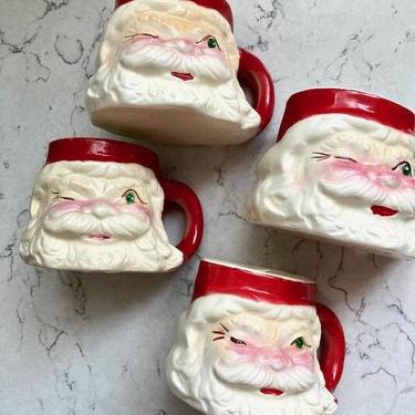 Vintage Set of 4 Winking Santa Mugs Green Rhinestone Eye by LeChalet