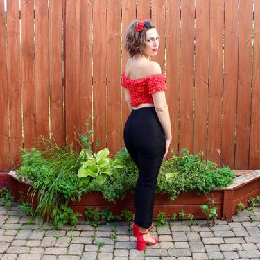 Vintage 1990s does 1950s Black Lace Pants - High-Waisted Rockabilly Cropped Trousers - 27.5&amp;quot; Waist - S 