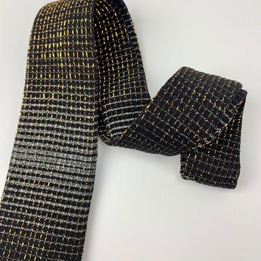 1960'S Lurex Tie in Gray &amp; Black - Gold Lurex Threads - Sixties MOD - Square End Tie 