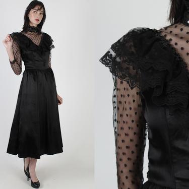 1970s Gunne Sax Dress / Black Lace Gothic Prom Dress / Vintage 1980s Silky Goth Dress / Victorian High Neck Historical Dress 