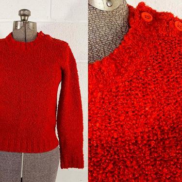 Vintage Red Sweater Evan-Picone Long Sleeves Mockneck Button Neck Buttons Knit Nubby Textured 1960s 60s 1970s 70s Women's Small Medium 