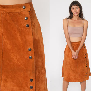 70s Suede Skirt Midi Skirt LEATHER High Waisted Boho Mod Bohemian A Line Brown Leather Skirt Hippie 1970s Vintage Small 28 