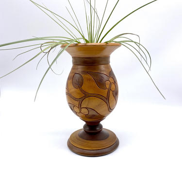 Wood Pedestal Vase/ Hand Carved/ Tribal Art 