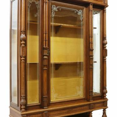 Antique Bookcase, Etched Glass French Henri II Style, Walnut, 1800's, Handsome!