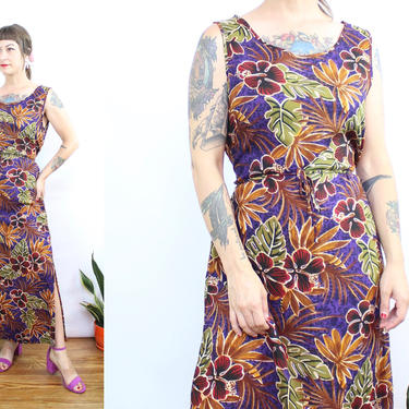 Vintage 90's Purple Monstera and tropical Floral Midi Dress / 1990's Hawaiian Floral Midi Dress / Women's Size Medium by Ru