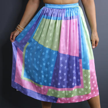 Vintage Color Block Silk Skirt | Pastel Silk Skirt | Silk Circle Skirt | Silk Midi Skirt | High Waist Silk Skirt | Size 4 Small Medium 