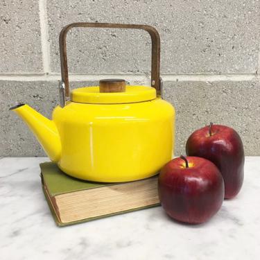 Vintage Tea Kettle Retro 1960s Copco + Michael Lax + Mid Century Modern + Yellow + Enamelware + Wood Handles + MCM + Home and Kitchen Decor 
