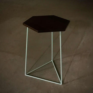 End Table, Hexagonal Table, Modern Hexagon Walnut Side Table with Triangle Steel Base 