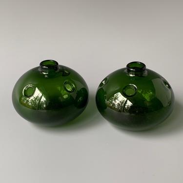 Pair of Michael Bang Green 3.5&amp;quot; HOJ Hole Vases for Holmegaard Glass Denmark 