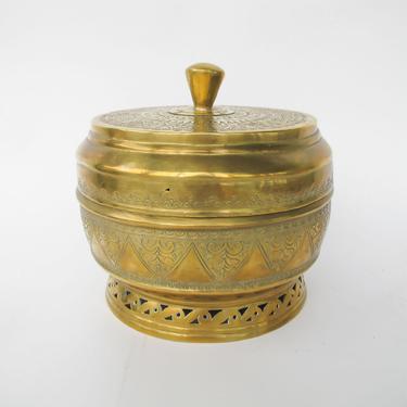 Large Hammered Vintage Brass Pedestal Pot with Lid 