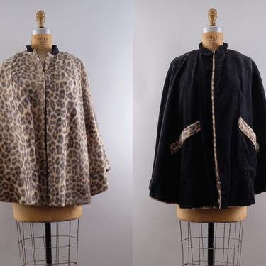 Vintage 50s Leopard Print Faux Fur Reversible Cape One Size 