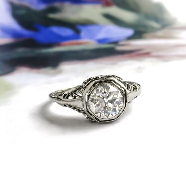 Art Deco .91ct Old European Cut Diamond Octagonal Filigree Engagement Ring 14K White Gold 