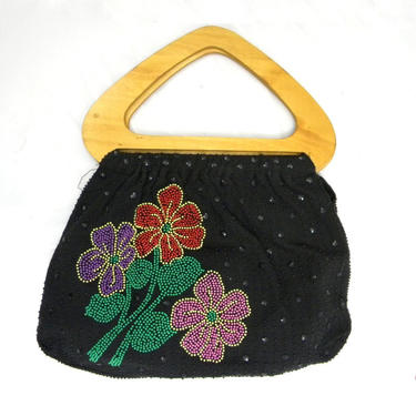1970s Black Beaded Purse | Colorful Floral Handbag 