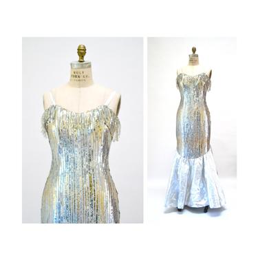Vintage Metallic 80s Prom Dress Silver Gold Sequin Gown XS Small// 80s Vintage Silver Metallic Party Dress Pageant Gown Alyce Designs 