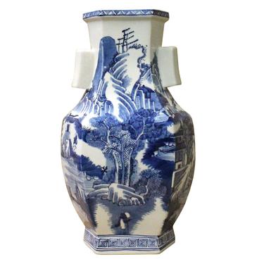 Chinese Blue & White Porcelain Oriental Mountain Scenery Graphic Vase cs3609E 