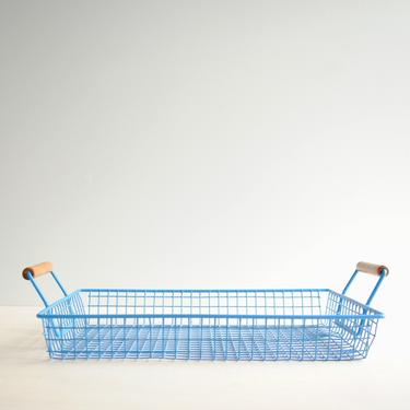 Vintage Blue Wire Basket Tray, Metal Tray, Blue Metal Basket, File Sorting Basket, Metal Wire Tray, Tray with Wood Handles 