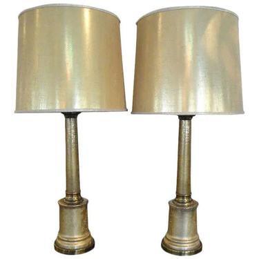 Paul Hanson Gold Crackalure Reverse Glass Table Lamps - A Pair 